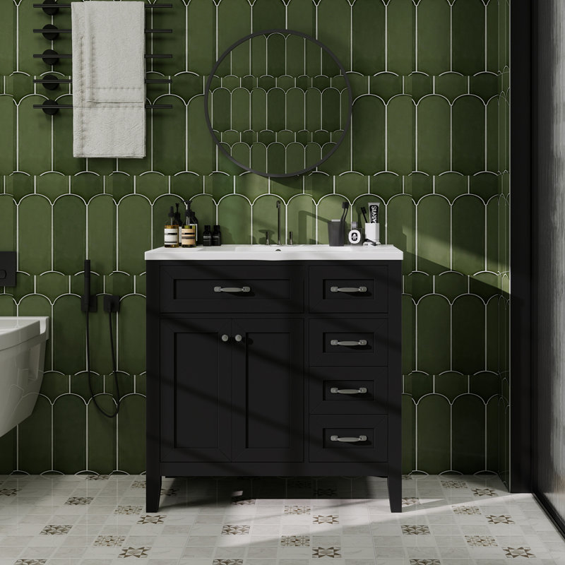 Meuble-lavabo 36 po avec lavabo, armoire de salle de bain avec tiroirs, structure solide et panneau de fibres à densité moyenne
