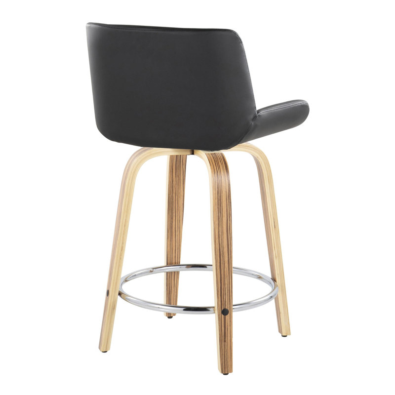 Tabouret de bar pivotant à hauteur fixe de 61 cm (24 po) de style moderne du milieu du siècle, en bois de zèbre et similicuir noir, avec repose-pieds rond en métal chromé - Ensemble de 2