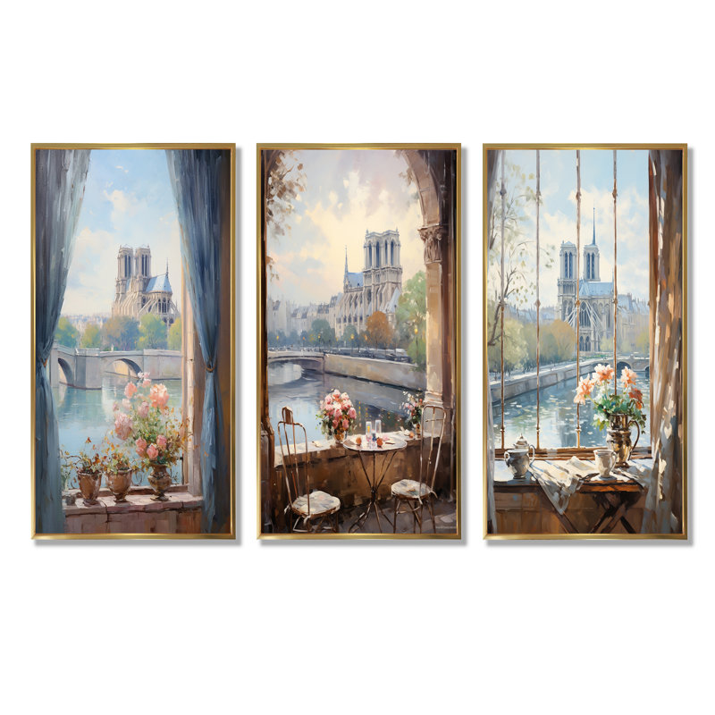 Notre Dame de Paris Floral View I - Paris, ensemble de 3 impressions sur toile, Cadre flottant doré, H 28 po x l 36 po