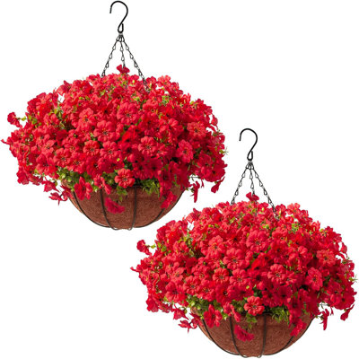 Paquet de 2 paniers à fleurs artificiels suspendus pour l'extérieur, résistants aux rayons UV avec 24 bouquets de fleurs, pour le jardin, le balcon, le porche