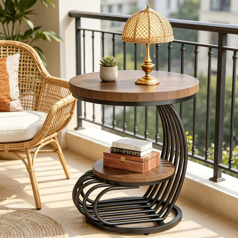 Table ronde avec tablette de rangement ouverte, table d'appoint épaisse à structure en métal et panneau de particules, table de chevet multifonctionnelle pour le salon, la chambre et le salon