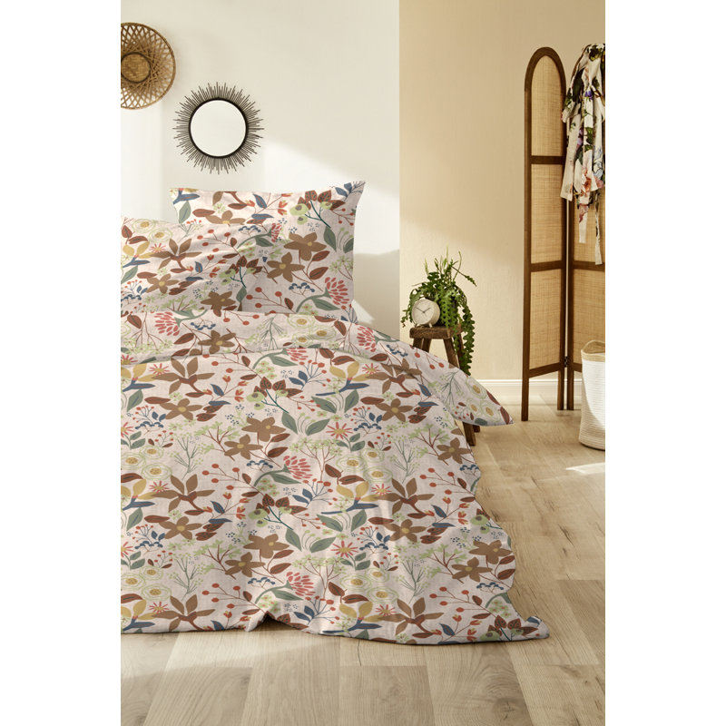 Cirri Cotton Floral Duvet Cover Set with Pillow Shams Included, Brown