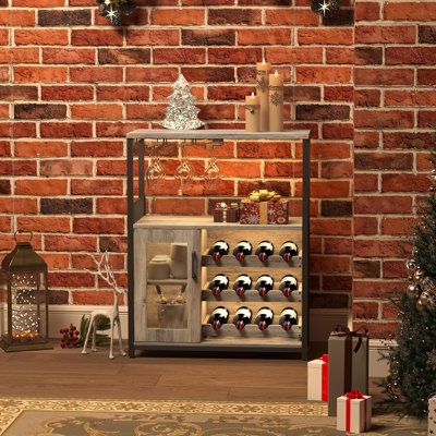 3-Tier Wine Bar Cabinet with Removable Wine Rack, Liquor Storage Cabinet with Glass Holder & Mesh Door, Coffee Bar Sideboard Buffet for Living Room or Dining Room