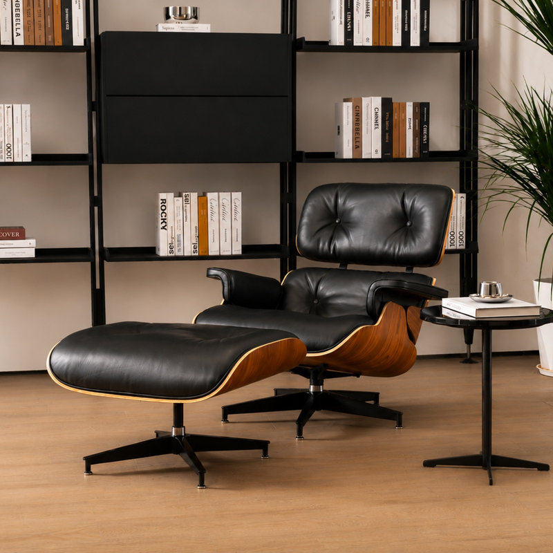 Méridienne et repose-pieds en cuir Mid-Century