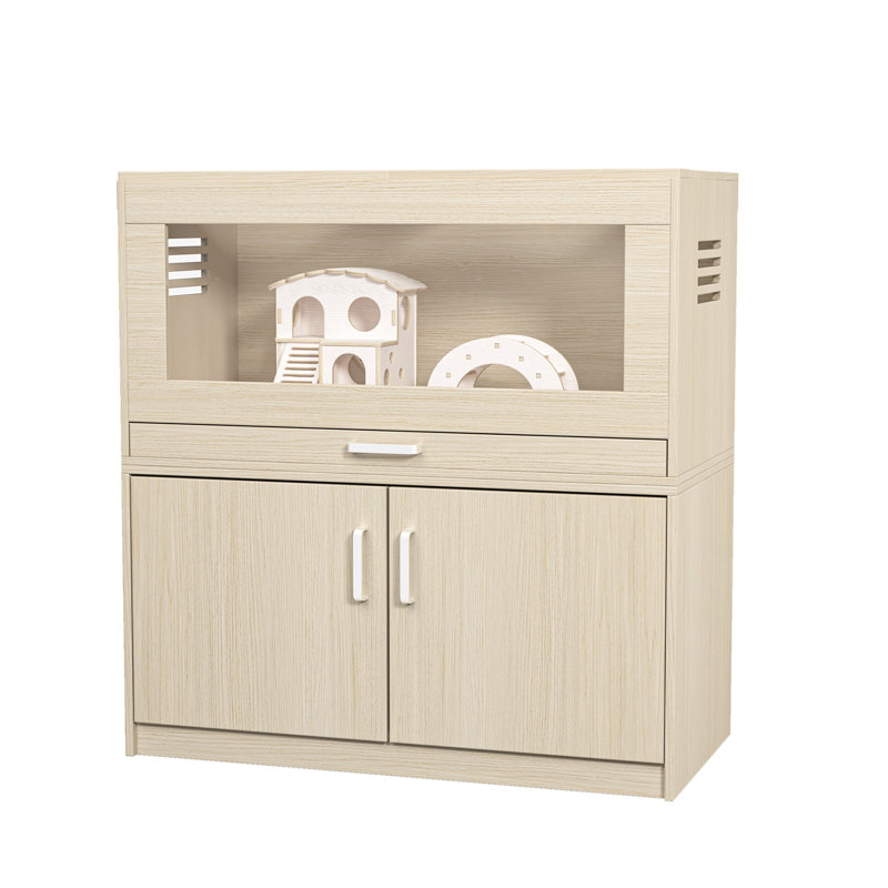 Cage en bois de cochon d'Inde avec armoire et tiroir - Revêtement imperméable, spacieux et pratique, Teck