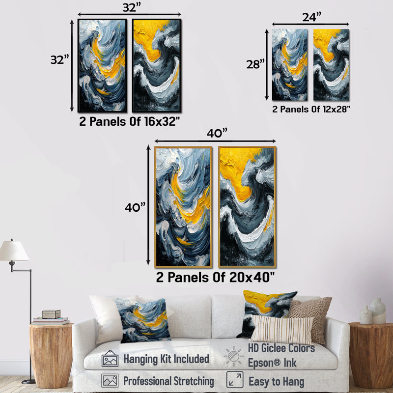 Encre jaune et grise vagues océaniques I - Collection d'art mural abstrait 2 pièces, H 28 po x l 25 po, Toile tendue