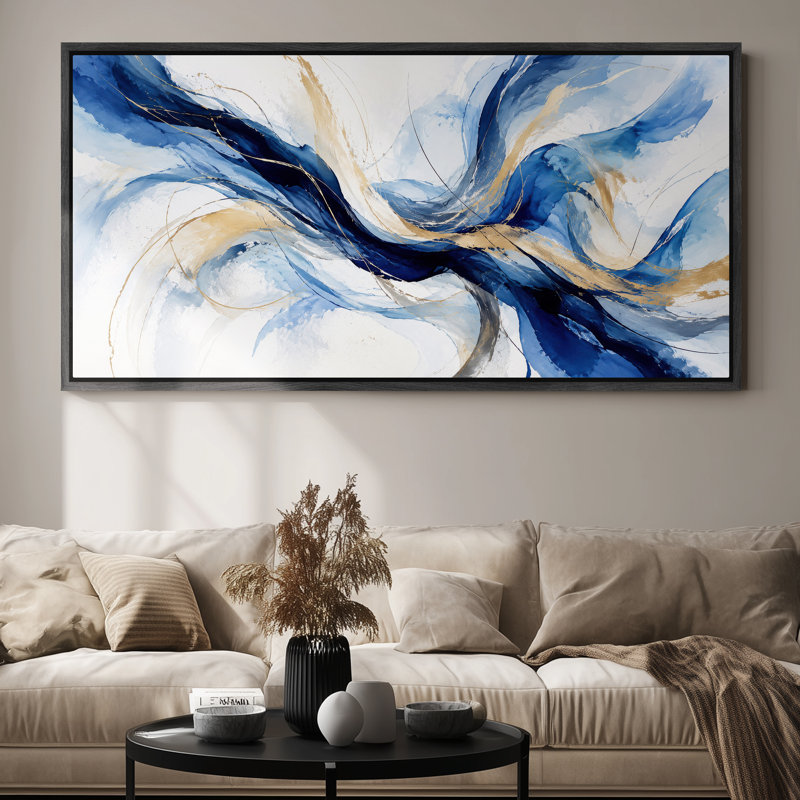 Toile imprimée encadrée extra large bleu marine, motif abstrait contemporain fluide, 30" H x 60" W, Noir