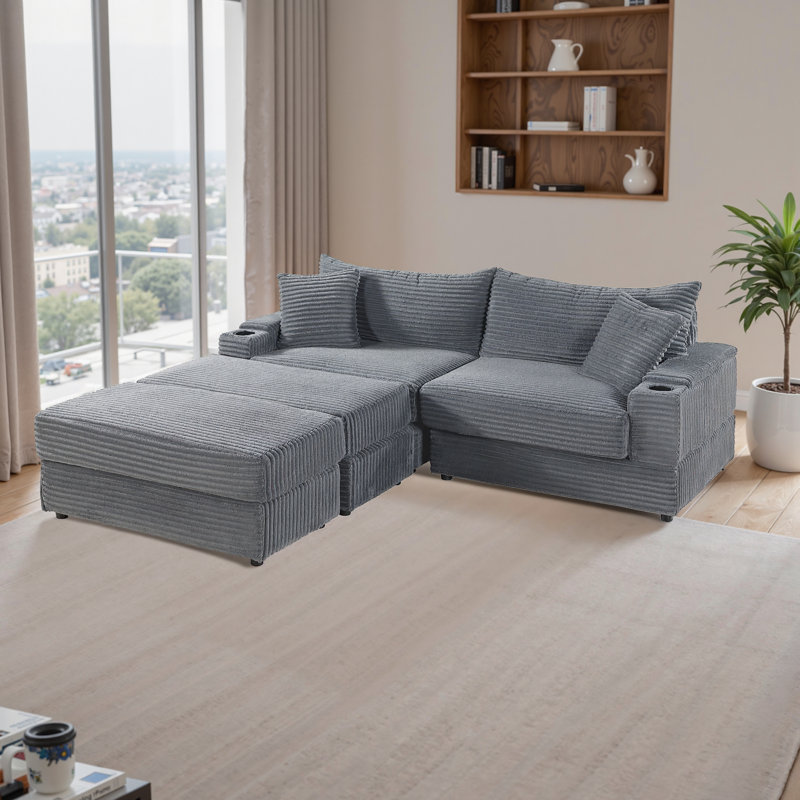 89'' Modern Corduroy Upholstered Modular Recliner, Soft Sleeper Loveseat Sofa, Gray
