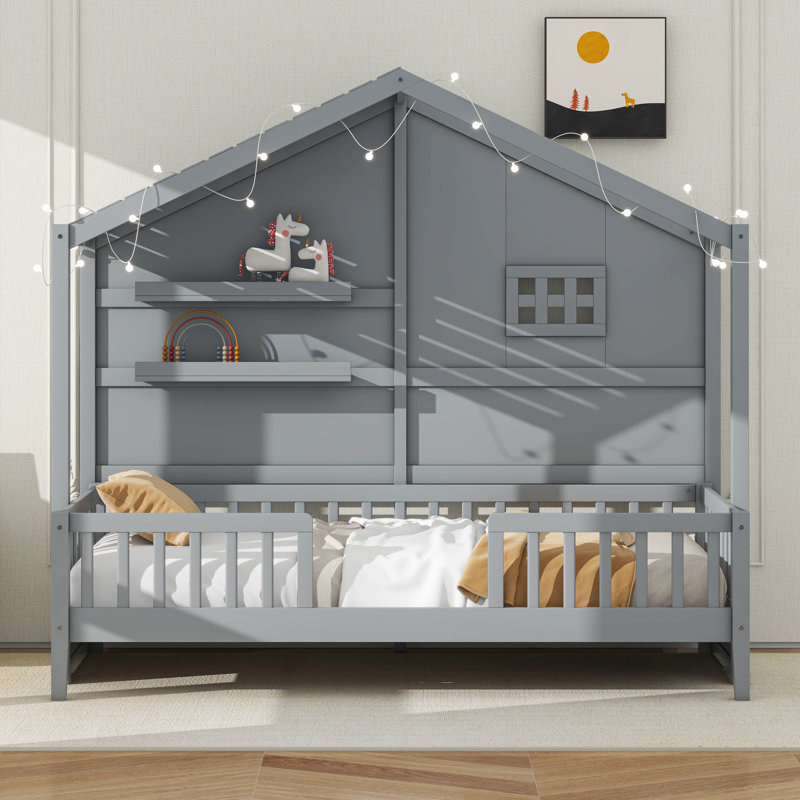 Lit simple simple, lit mezzanine bas avec tablettes de rangement, rayure lumineuse sur le toit, gris