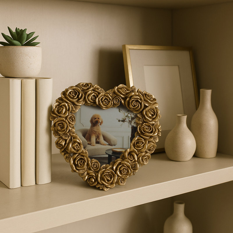 Cadre photo romantique romantique en forme de cœur - Décoration murale chic pour le vestibule - Cadre photo décoratif pour présentoir de salon - 6 po, doré
