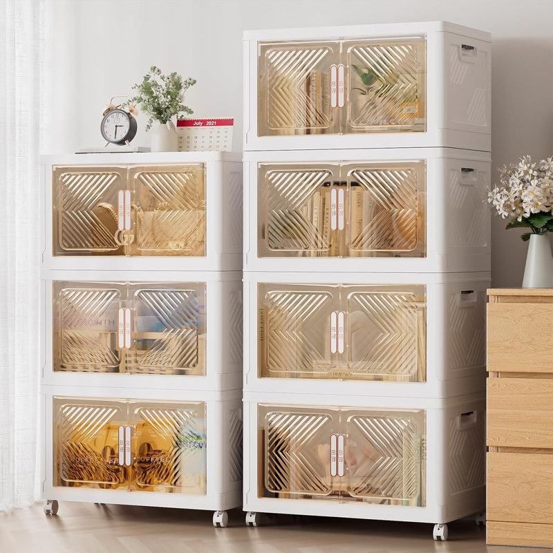 Plastic Stackable Storage Bins, Folding Organizer Boxes With Wheels And Magnetic Doors for Home & Office