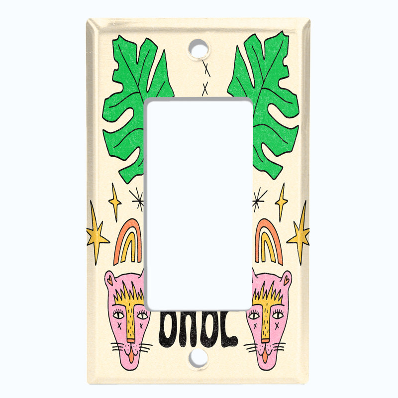 Cute Babe Cool Leaf Cat Doodle Cartoon Beige Patterned 1 - Gang Toggle Light Switch Standard Wall Plate