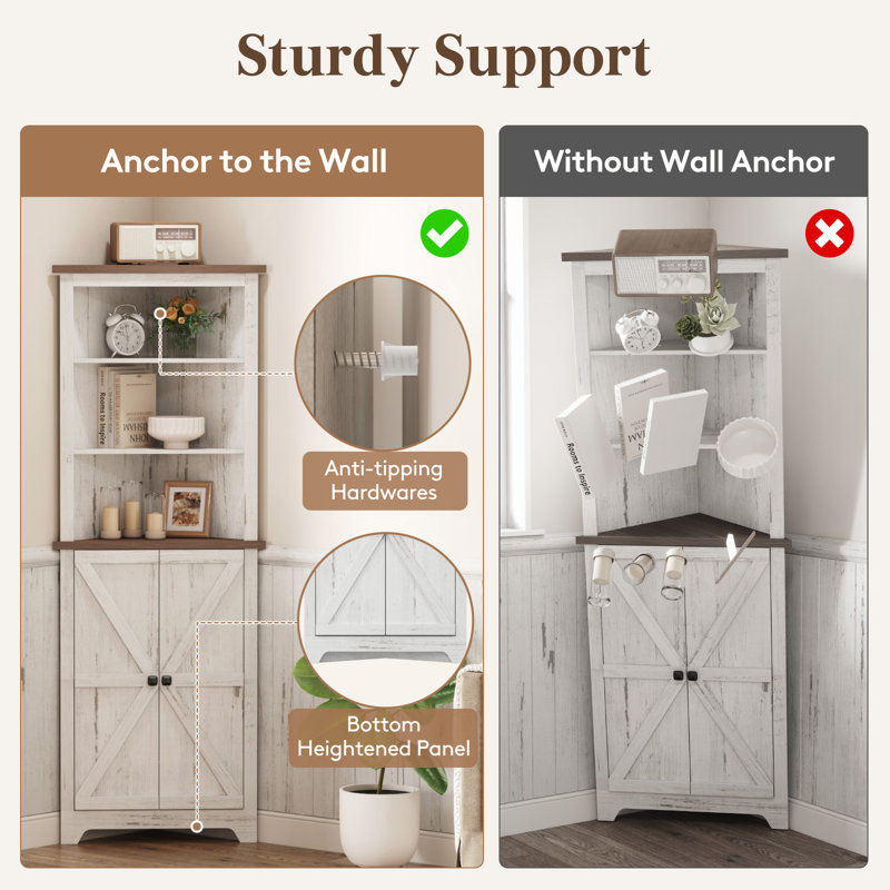 Rustic White Tall Corner Cabinet with Adjustable Shelves