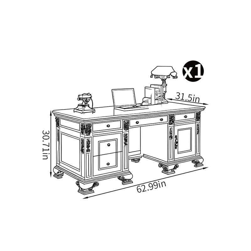 Bureau de style européen sculpté, H 30,71 po x l 62,99 po x P 31,5 po