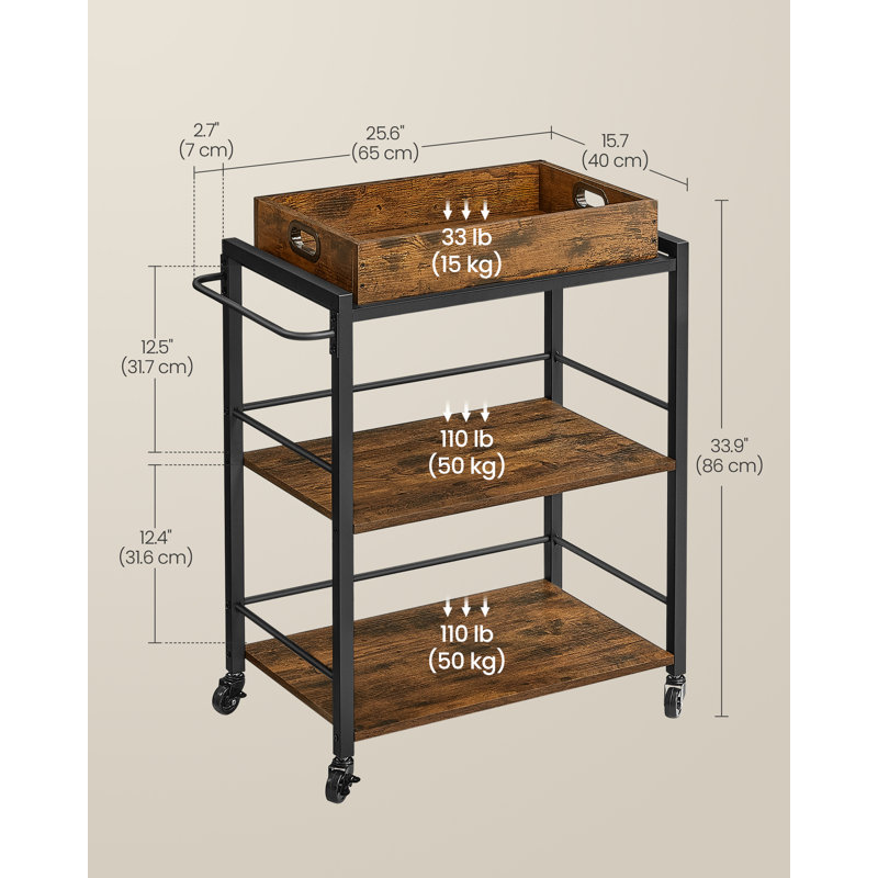 Chariot de cuisine 17 étages avec plateau amovible, avec freins, chariot de cuisine à 3 niveaux sur roulettes avec rangement, pieds de nivellement, 15,7 po x 28,3 po x 33,9 po