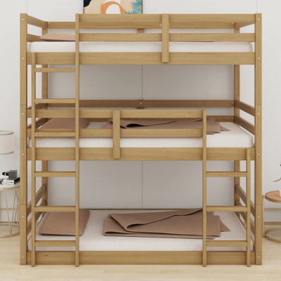 Triple Wood Detachable Bunk Bed - 2 Built-In Ladders And Safety Guardrails