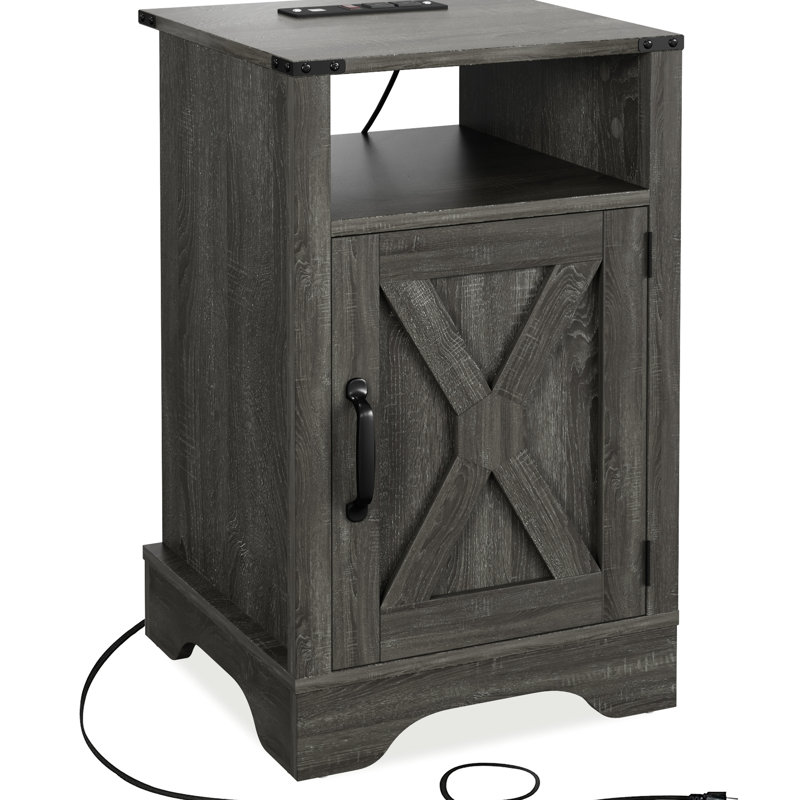 Arnoltice Tall Bedside Table With Electrical Outlets - Dark Gray. Rustic Wooden End Construction. Spacious Storage Side Ample And Convenient Charging For Devices