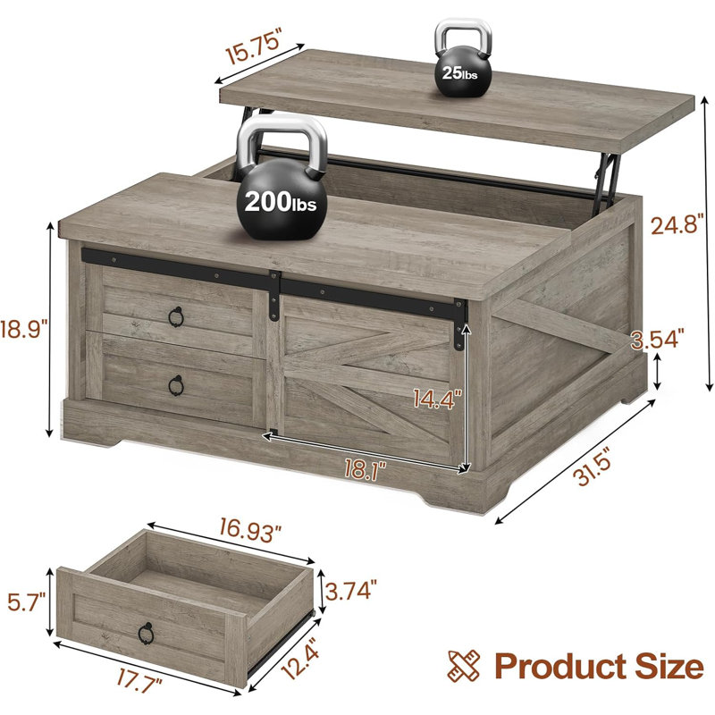 Table basse à plateau relevable de 39,4 po avec rangement, tables basses de ferme pour le salon, Gris, Gris