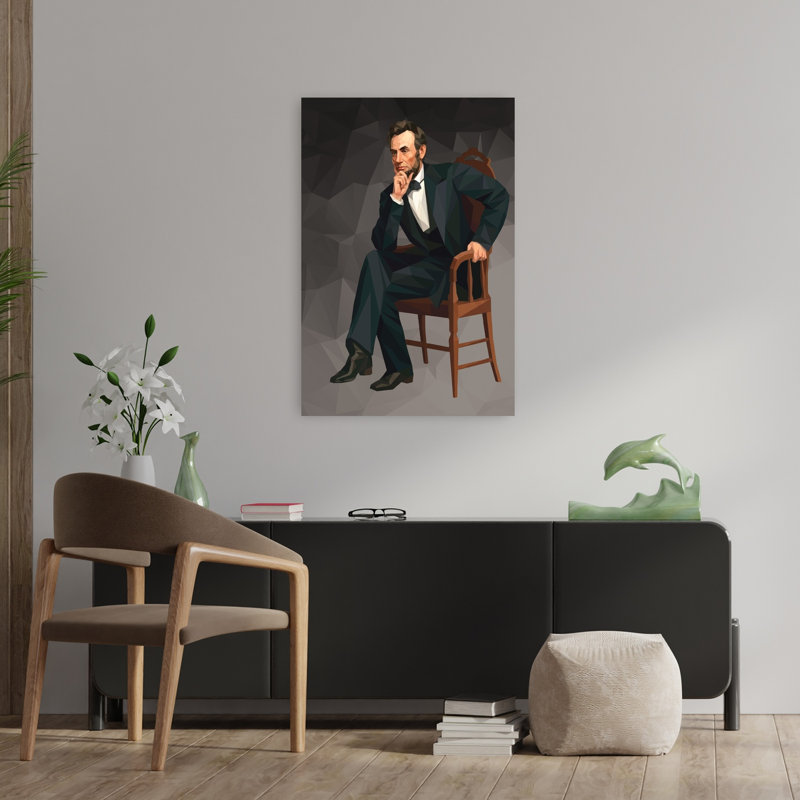 «Thoughtful Abraham Lincoln», reproduction d'art géométrique abstraite de portrait contemporain, 36" H x 24" W