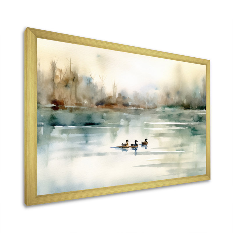 «Ducks in Pond I» - Art mural sur toile, Doré, H 12 po x l 20 po, Impression encadrée