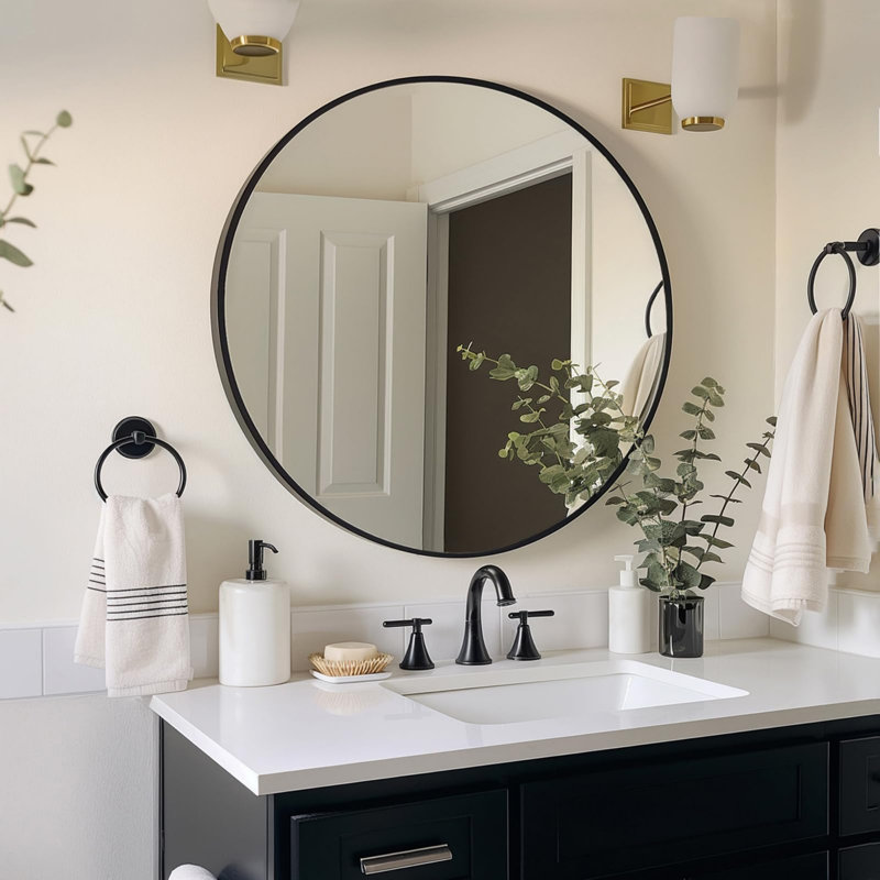 Rustic 24'' Black Metal Frame Round Mirror