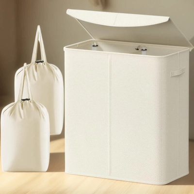 Dual Compartment Laundry Hamper With Lid, Foldable 137L Capacity Clothes Sorter With Removable Carry Bags, Sturdy Construction For Bedroom And Bathroom Organization