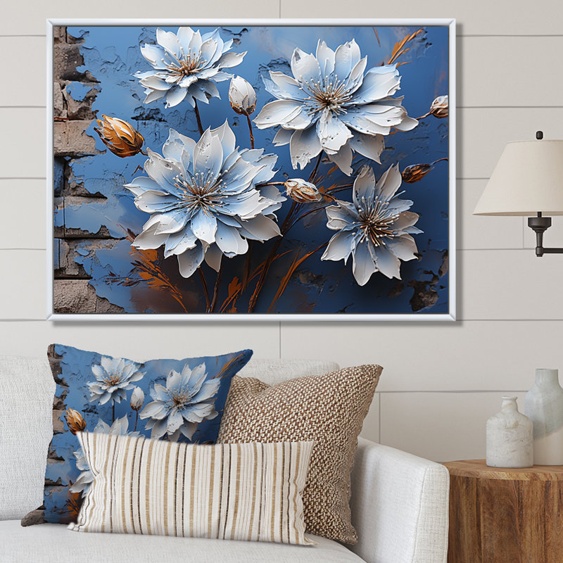 Impression moderne sur bleu et blanc de bleuet moderne sur toile, Cadre naturel flottant, H 12 po x l 20 po x P 1 po