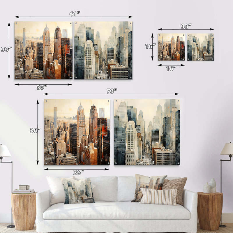 Ivoire infini gratte-ciel paysage urbain - gratte-ciel acrylique ensemble d'art mural en verre de 2, H 16 po x l 33 po