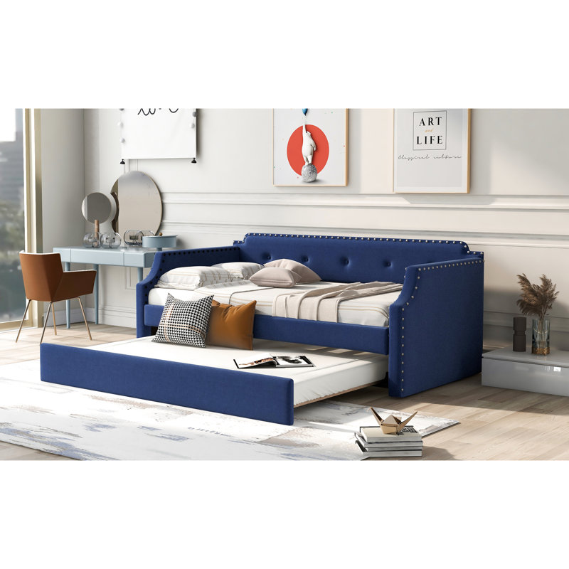 Lit de jour rembourré avec couchette en bleu, tissu de lin simple, lit gigogne en bois, support de lit recouvert de bleu