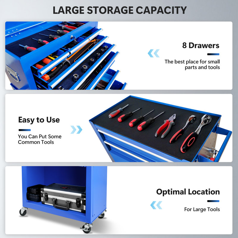 8-Drawer Rolling Tool Chest with Wheels, Large Tool Cabinet with Drawers, Blue