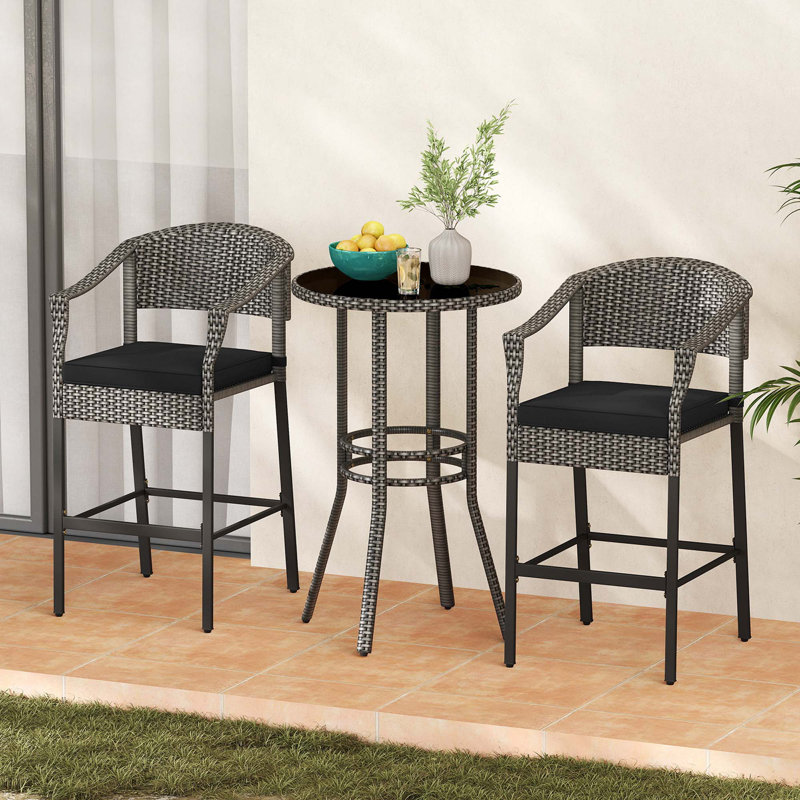 3-piece Patio Rattan Bar Set Wicker Bar Height Armchairs & Round Table 