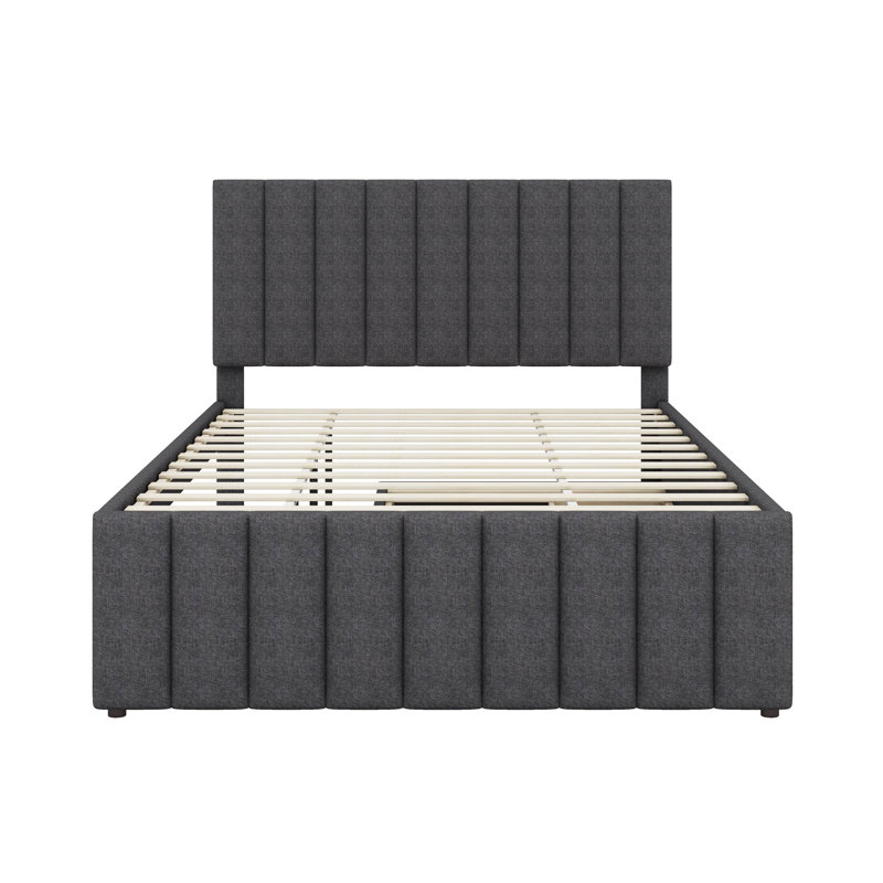 Full Size Upholstered Platform Bed With Trundle, 3 Drawers, Gray