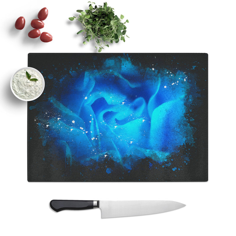 Tempered Glass Folded Rose Petals in Blue Chopping Board, 20 cm x 28.5 cm
