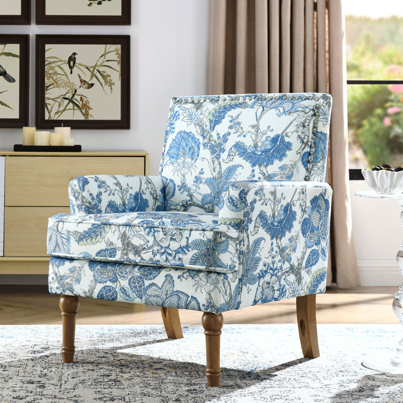 Fauteuil d'appoint à motif floral bleu et blanc, garniture cloutée, pieds en bois massif, design polyvalent pour différents espaces, dossier ergonomique avec coin lecture, assise confortable
