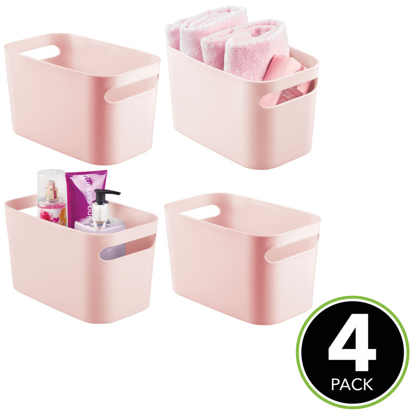 mDesign Deep Plastic Bathroom Storage Bin with Handles, 10" Long, Light Pink, 4
