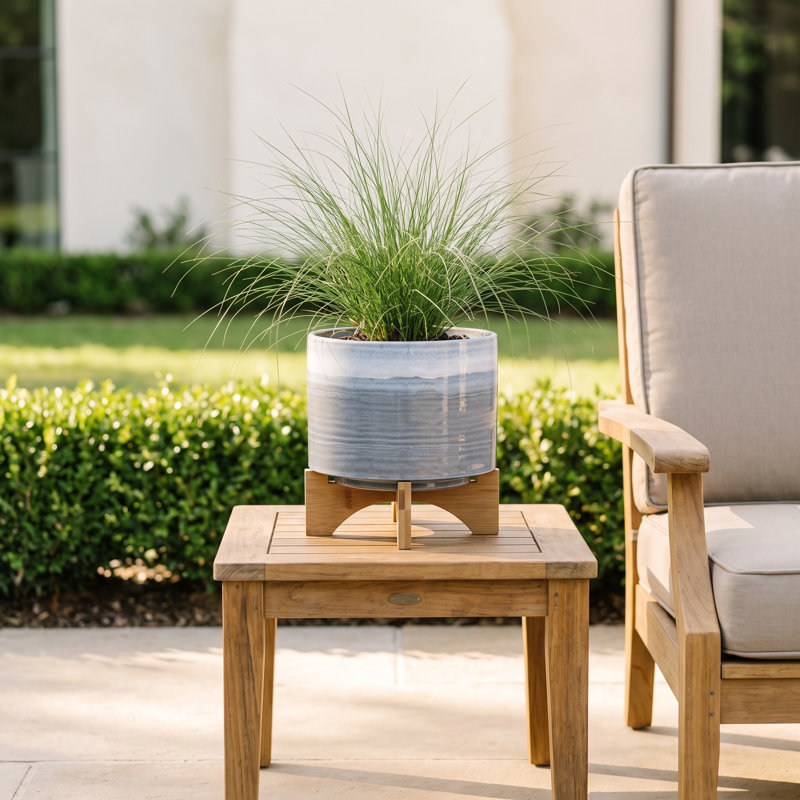 Modern Textured Ceramic Planter with Stand Indoor Outdoor, 9" H x 8" W x 8" D, Striped Blue