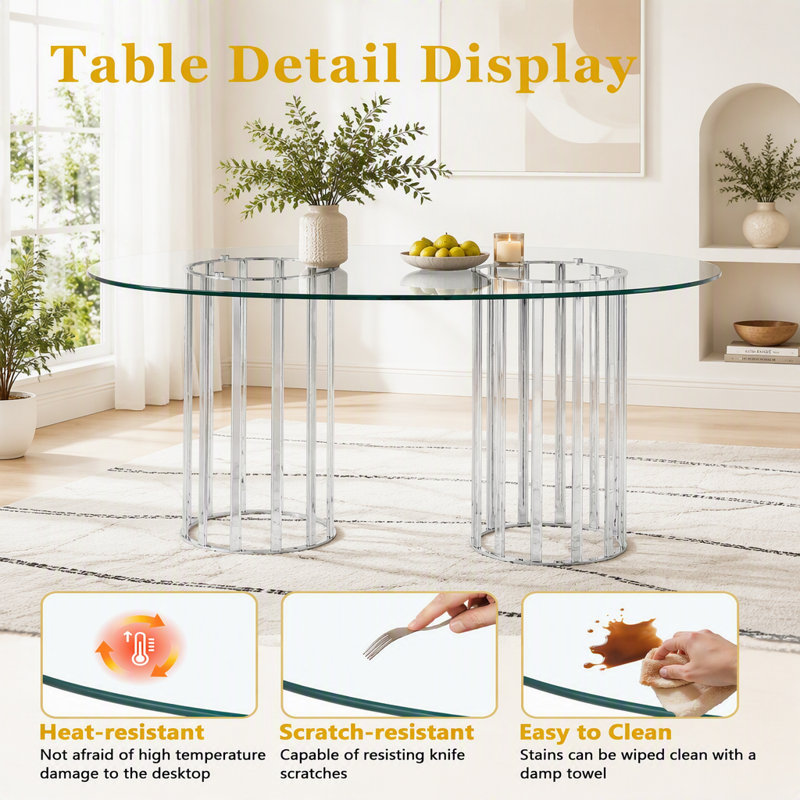 Table de salle à manger 71 "ovale en verre avec base double colonne, Argent / transparent