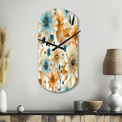 Bleu et beige géométrique fusion florale élégance - horloge cylindrique florale en métal, horloge murale asymétrique bleue