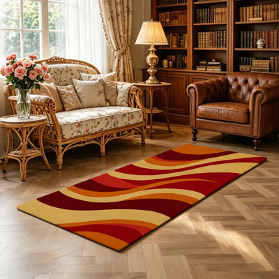 Tapis de couloir de cuisine moderne et abstrait, motif de vagues rétro rouge-orange et jaune, long tapis antidérapant pour la cuisine, le couloir, la salle de lavage et le vestibule