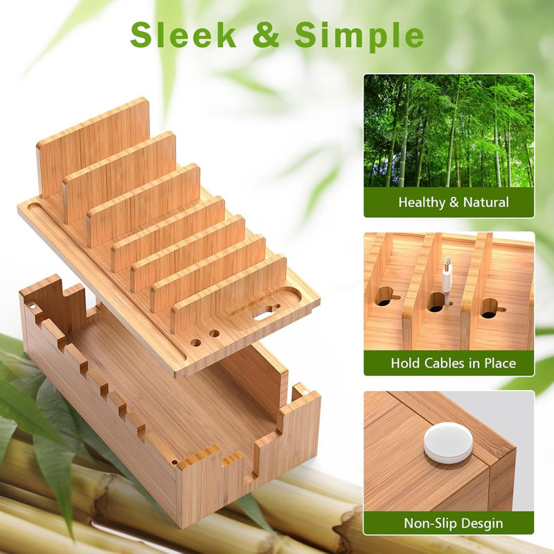 Station de recharge en bambou pour plusieurs appareils avec chargeur USB à 5 ports, 5 câbles et support pour montre. Organisateur de bureau en bois pour téléphone portable, tablette, montre, accessoires de bureau
