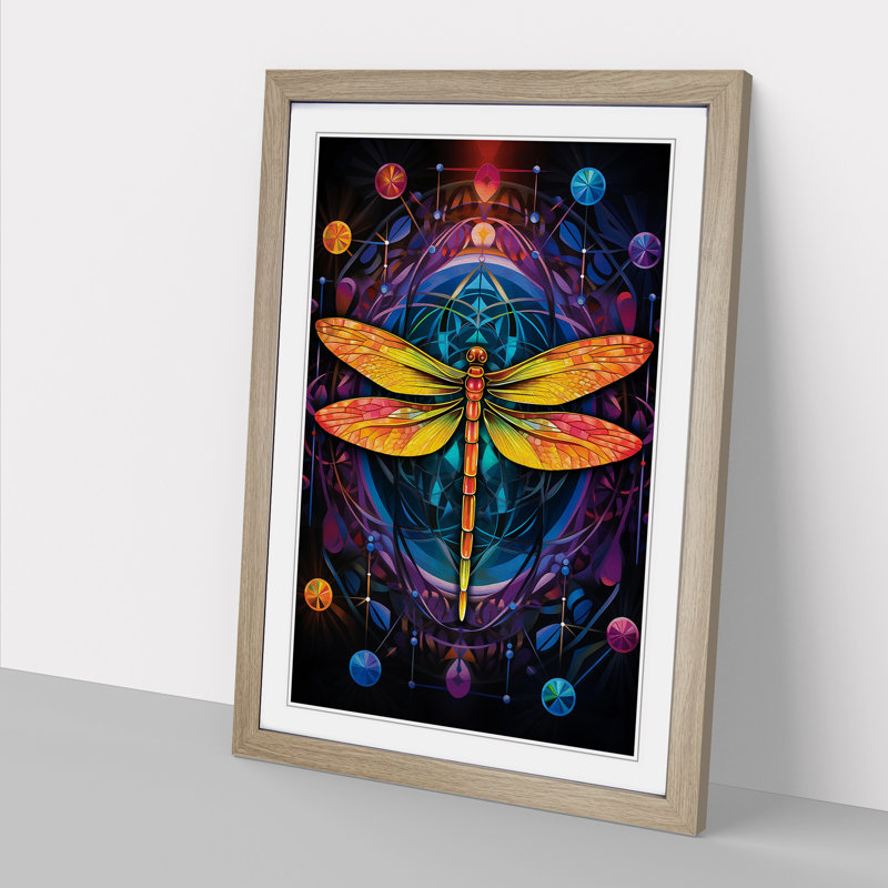 XYZ-FRM-V1223-560 Dragonfly Geometric - Single Picture Frame Print on Wood, Oak, 34cm H x 25cm W x 2cm D