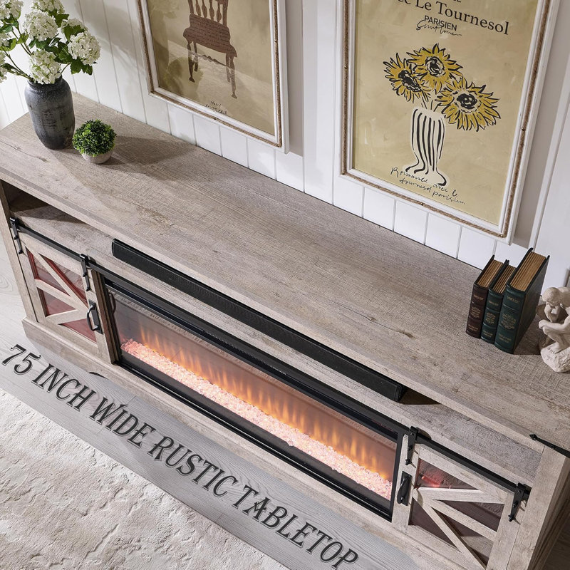  Meuble télé pour téléviseur de 85 po ou moins Taye Farmhouse Fireplace, Chêne rustique pâle