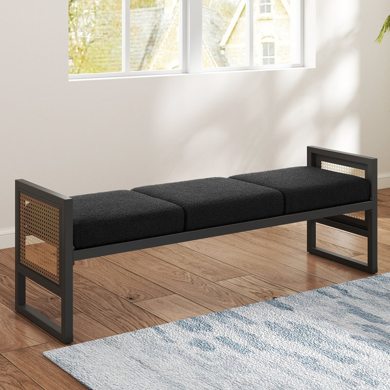56.7" Boucle Upholstered Bench with PE Rattan Accent Armrest, Black