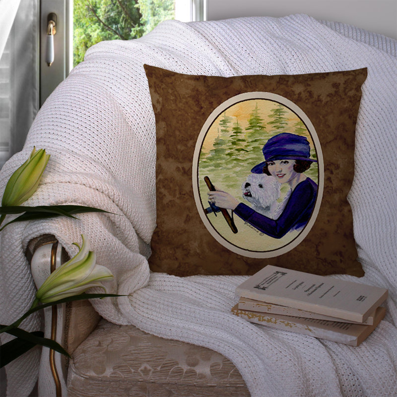 Coussin décoratif d’intérieur/d’extérieur à femme qui dirige avec son westie