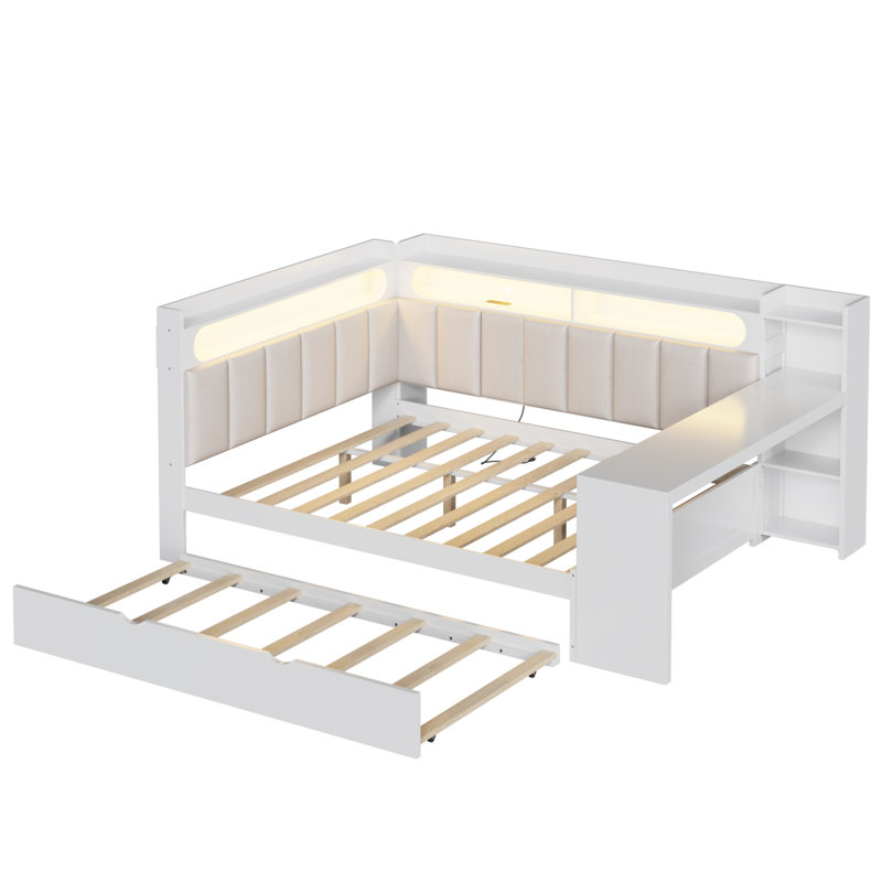 Full Size Daybed with Storage Shelves,Trundle,Charging Station,LED Light,Desk and Upholstered Headboard and Backrest, White