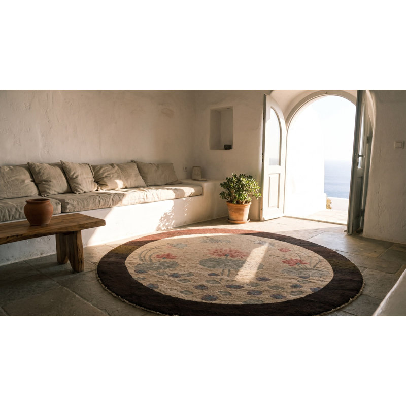 Antique Artistic Dragonfly Design Small Round Chinese Art Deco Ivory Color Rug
