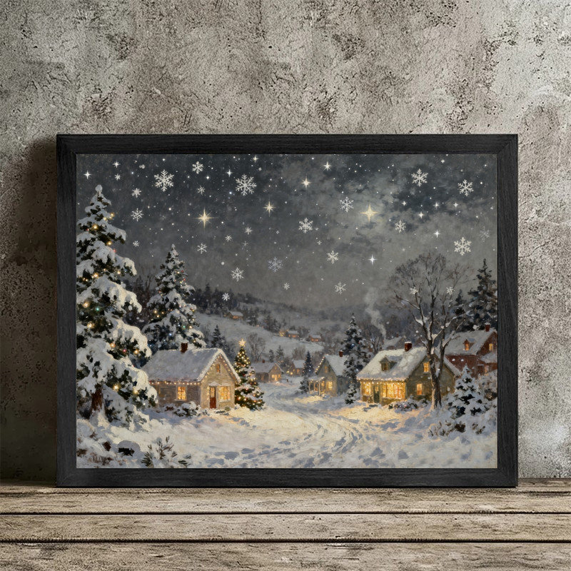 Art mural rétro noir, village de Noël classique, charmante nuit enneigée, paysage d'hiver, impressions encadrées