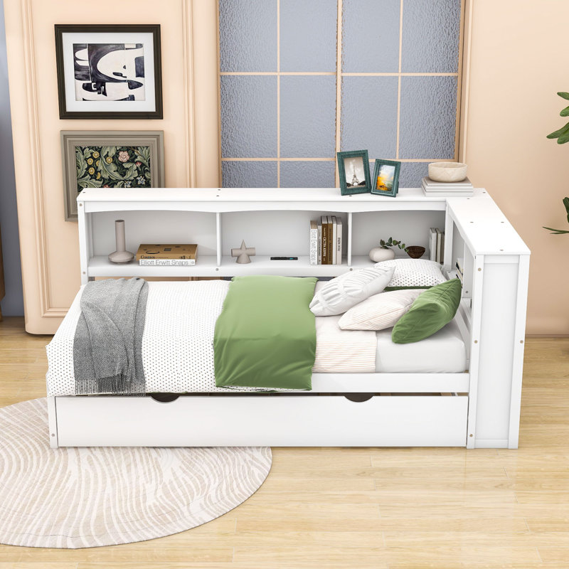 Lit de jour simple en bois avec compartiment de rangement intégré, lit gigogne simple et station de charge, Blanc