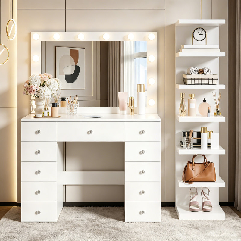 Meuble-lavabo Hollywood avec 11 ampoules DEL, 7 tablettes de rangement à 7 niveaux et 11 tiroirs, avec 3 modes d'éclairage couleur et prises de courant