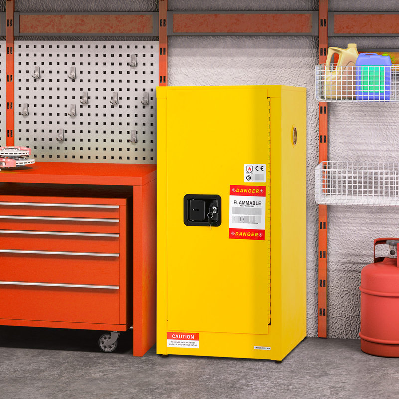 Armoire de rangement en acier galvanisé, 18,1 po x 35,4 po, 16 gallons, tablettes réglables, trous de ventilation, verrouillage à 3 points, jaune, convient aux matériaux dangereux